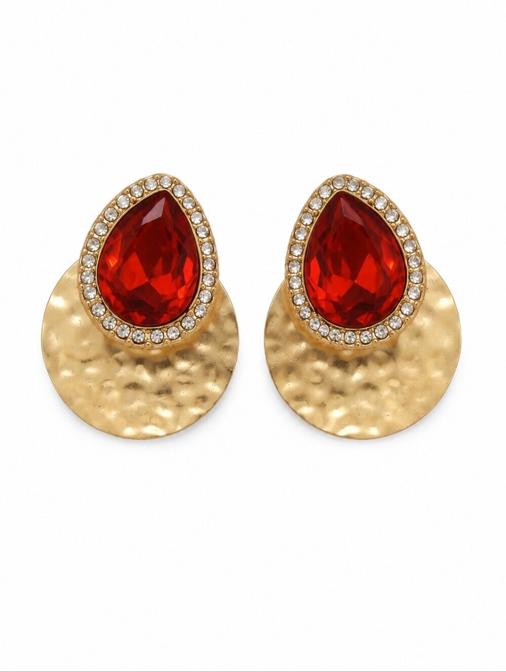 3/$30 CATO Goldtone Hammered Red Teardrop Crystal Clip-on Earrings